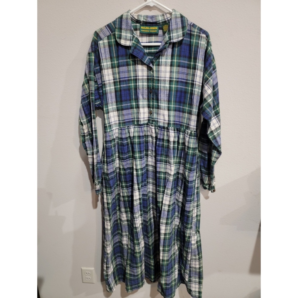 Hazel Creek Maxi Dress blue green plaid flannel long sleeves‎ Vintage Sz. L
